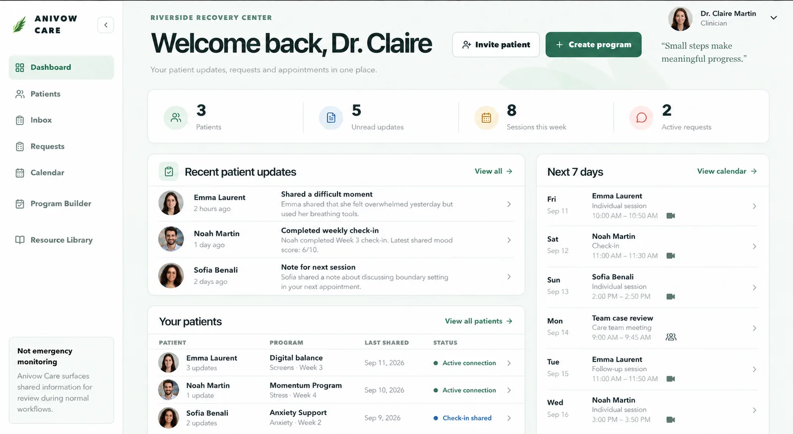 Anivow Care dashboard showing patient updates, upcoming sessions and shared activity