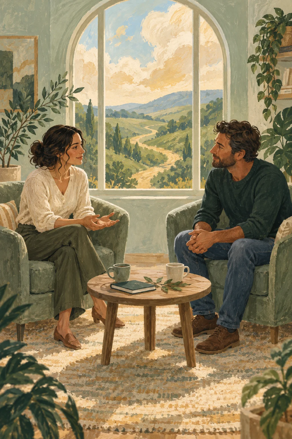 A professional listens to a patient in a quiet room overlooking green hills