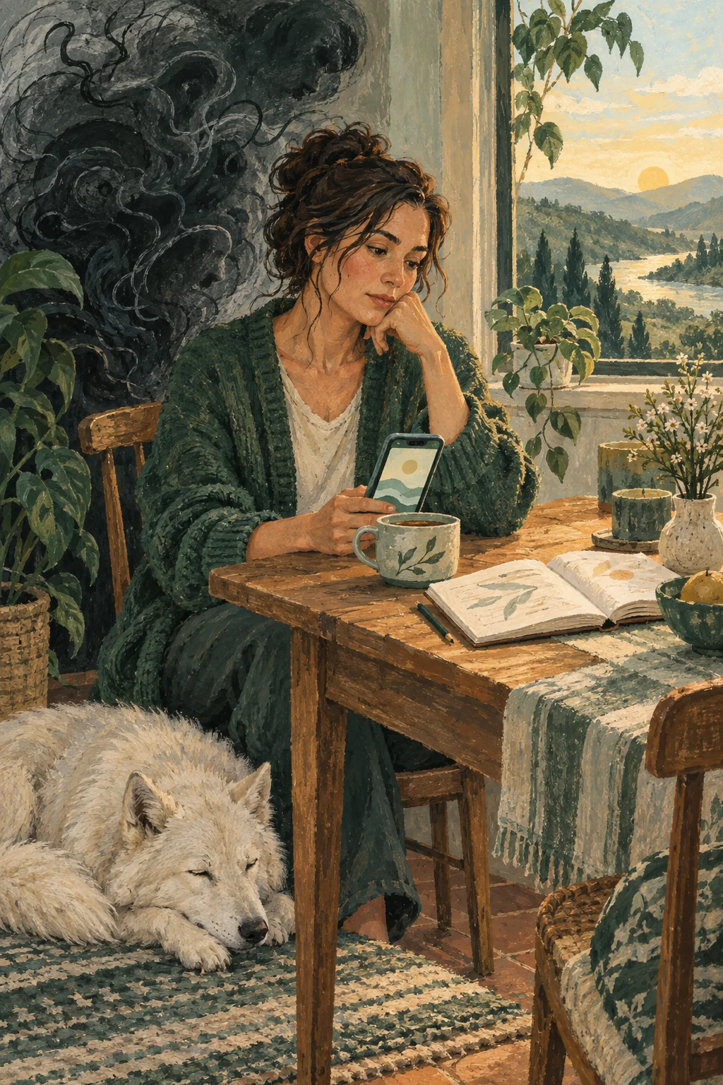 A woman pauses for a check-in and reflects on her day with her journal